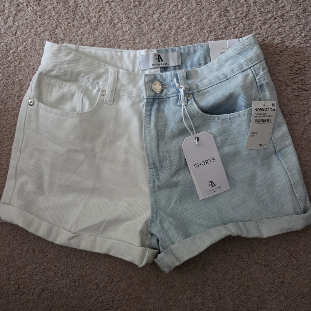Two-Tone White and Light Blue Jean Shorts